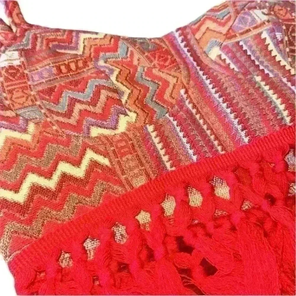 Aztec Cider Tank top w knotted fringe base zip back M red base BOHO - Picture 7 of 7